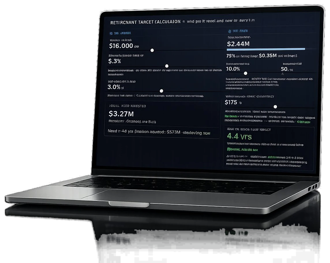Retirement Target Calculator running on a laptop, showing target, path, and time to reach your goal